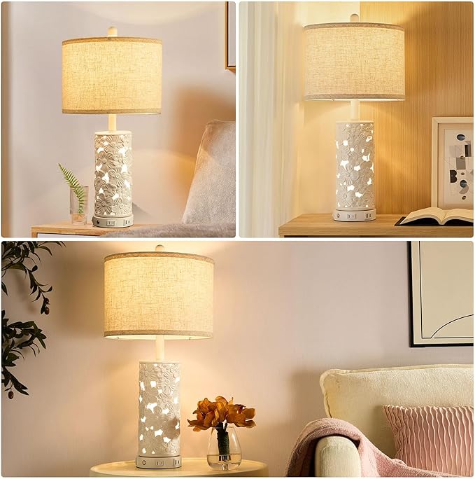 25.5" Modern Ceramic Table Lamp Bedroom Lamp for Bedside, 2 USB & AC Outlet with Night Light White Lamps Farmhouse Night Stand Lamps for Living Room Study Room Office