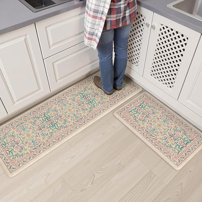 Collive Anti Fatigue Mats for Kitchen Floor, Cushioned Spring Kitchen Mat Comfort Waterproof Padded Sink Rugs Non Slip, Boho Floral Standing Rug for Office, Home Decor, 17"x30"+17"x59", Pink