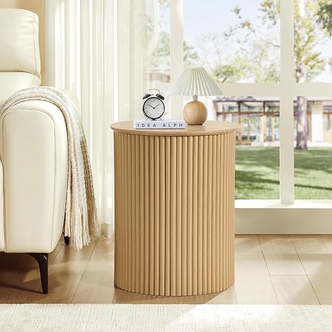 AVZEAR Small Round Side Table Fluted Night Stand Set of 2, Modern Boho End Table with Storage, 17.7" Circle Bedside Tables Wood Nightstands for Small Spaces, Living Room, Bedroom (Natural)