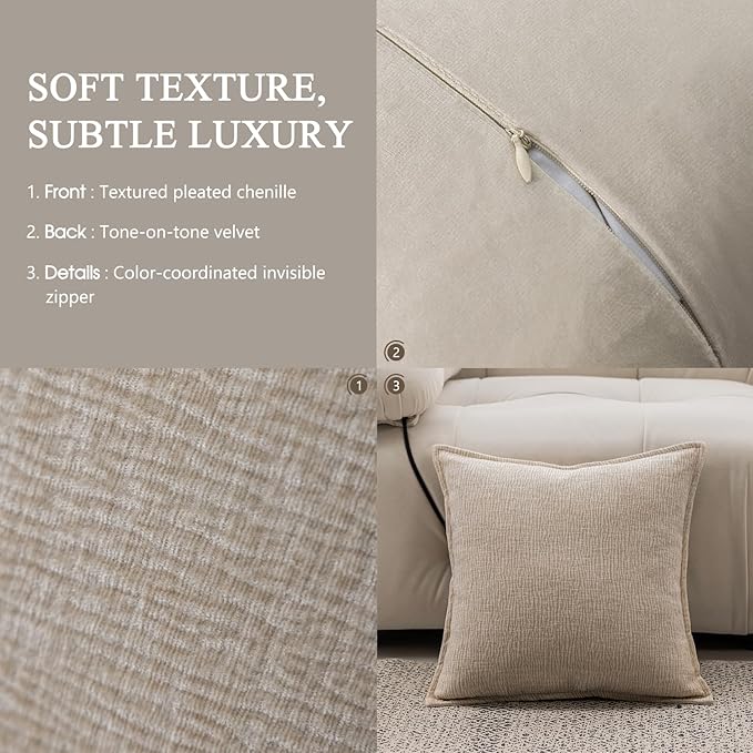 DWR Decorative Throw Pillow Covers Set of 2, 18x18 Crinkled Chenille Textured Cushion Covers for Couch, Sofa or Bed, Modern Rustic Home Accent in Linen Beige/Natural Taupe