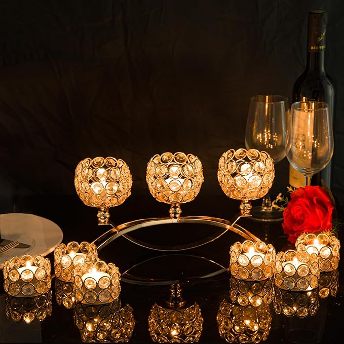 VINCIGANT Gold Crystal Candle Holders Decorative Candelabra 3 Arms with 6Pcs Tea Light Candle Holders for Wedding,Anniversary Center Pieces,Dinner Party Table Decor Candles Centro de mesa para boda