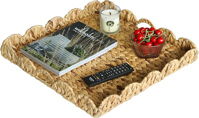 Extra Large Square Ottoman Table Tray 19.7" with Handles - Water Hyacinth Wicker Serving Wicker Tray for Farmhouse Decorative Oversized Coffee Table Living Room Kitchen Counter Breakfast Scalloped
