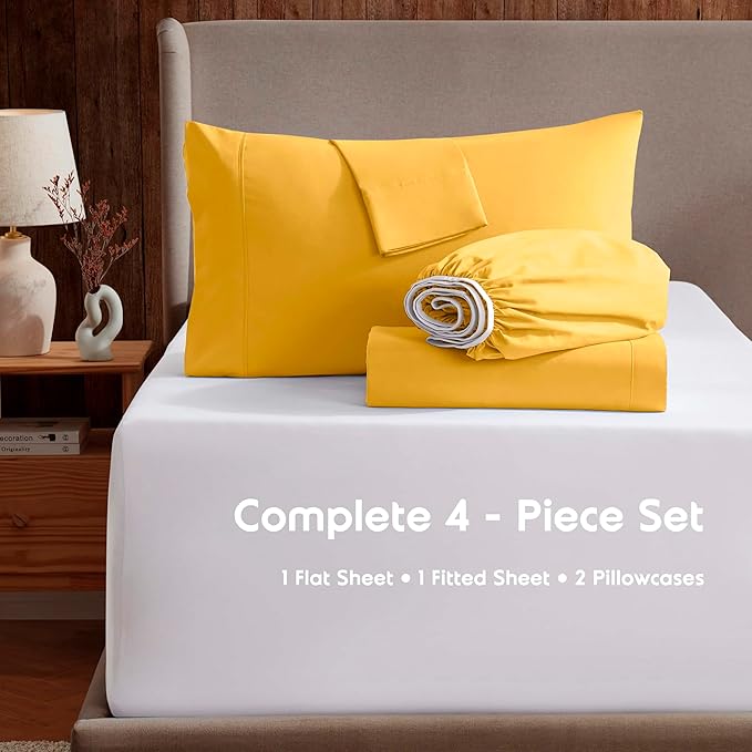 Nestl Extra Deep Twin XL Sheet Set - 4 Piece Breathable & Cooling Sheets - Hotel Luxury Bedding Set w/18-24 Inch Deep Pockets - Easy & Secure Fit - Super Soft, Wrinkle Free & Comfy - Yellow