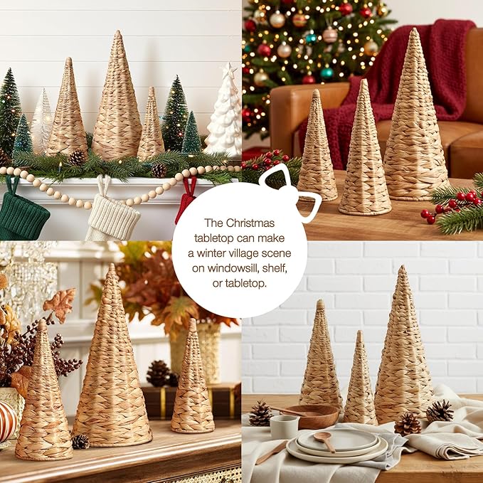 3pcs Woven Water Hyacinth Christmas Trees Decor, Artificial Christmas Tree Decorations for Home Party Table Village Craft Indoor Outdoor Vintage Christmas Decor(Natural)