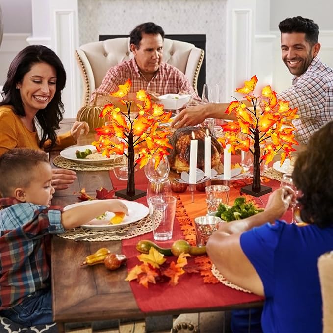 Timer - Fall Thanksgiving Tree, 18 Inch Prelit Lighted Maple Tree Thanksgiving Decorations with 24 Pumpkin Lights Battery Operated for Autumn Harvest Decor Indoor Home Table Halloween Christmas