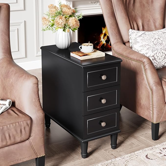 Tribesigns Solid Wood End Table, Fully Assembled Narrow Side Table with Drawers, Pre-Assembled Nightstand Slim Bedside Table for Small Spaces, Living Room, Bedroom, Black