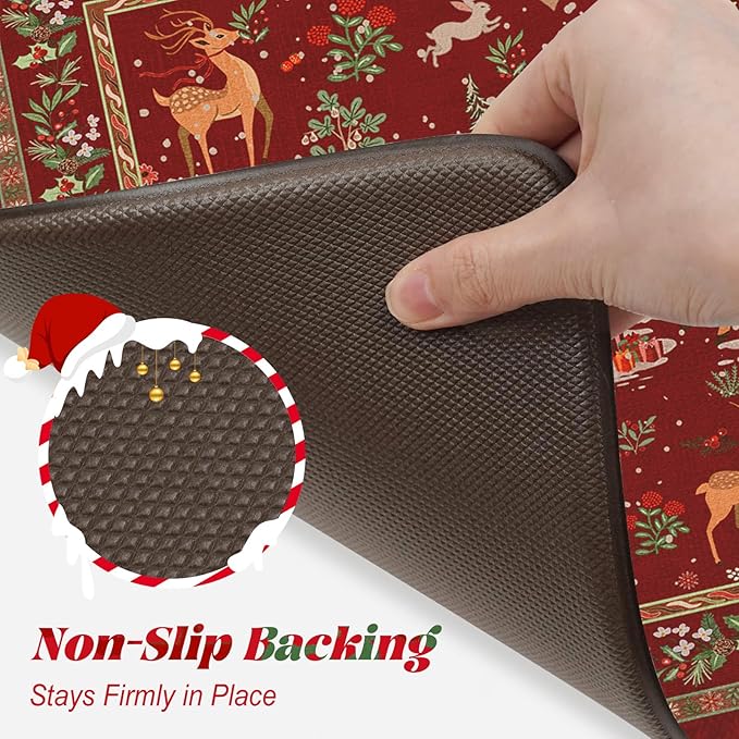 Collive Christmas Snowman Kitchen Floor Mats, Red Winter Xmas Tree Cushioned Anti Fatigue Kitchen Rugs 2 Piece Waterproof Elk Sled Sink Mat, Non Slip Foam Comfort Standing Desk Rug for Home Decor