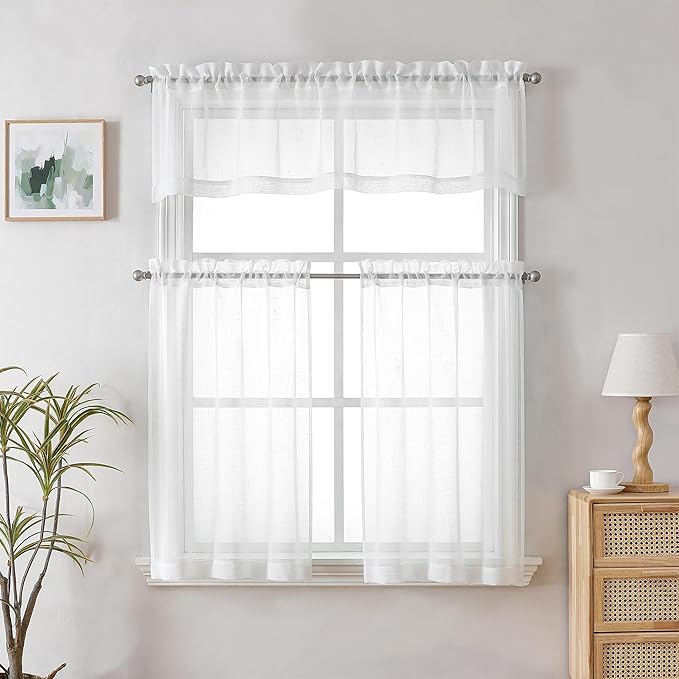 Aiyufeng Kirei Faux Linen Sheer Valances, Farmhouse Kitchen Valance Sheer Curtain 14 Inch Length 1 Panel, Soft Slub Textured Valance for Small Windows Basement Bedroom, 60X14 Inch, 1 Piece, White