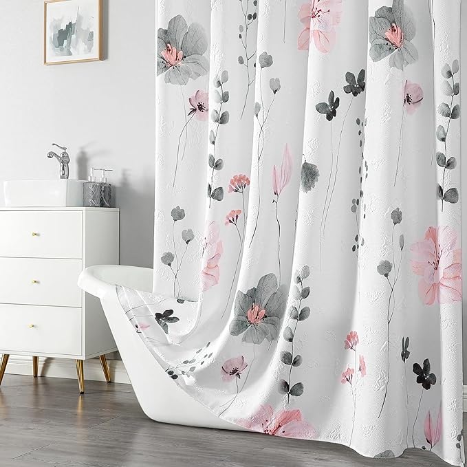 QiyI Long Shower Curtain 72 x 78, Modern Watercolor Floral Bath Curtain, 3D Embossed Texture Grey Pink Flower Cloth Bathroom Curtain, Waterproof Fabric Rustic Farmhouse Shower Curtain Set with Hooks