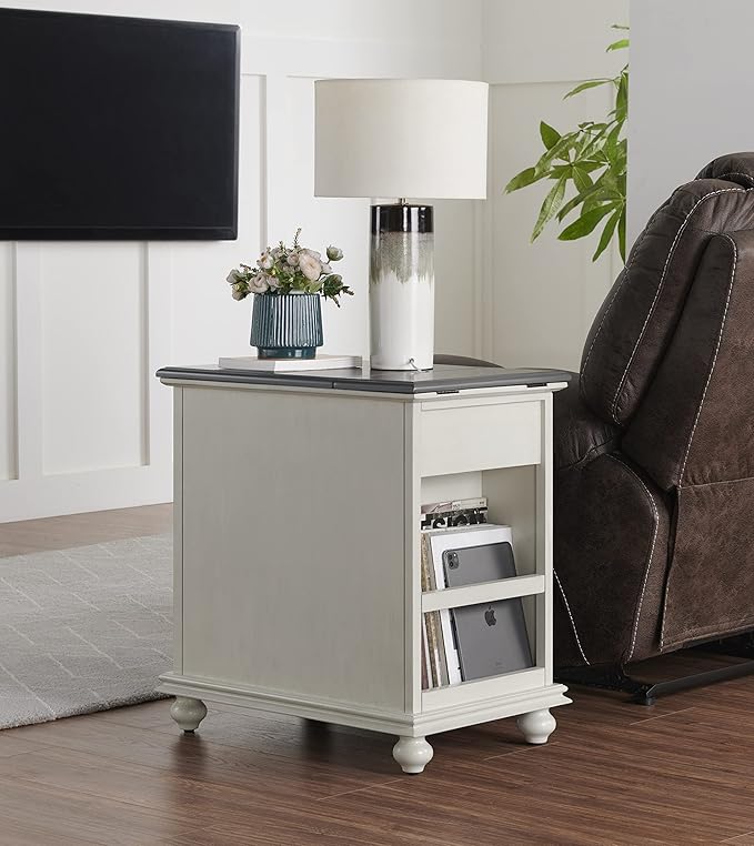 Martin Svensson Home Elegant Chairside End Table with Power, White with Grey Top