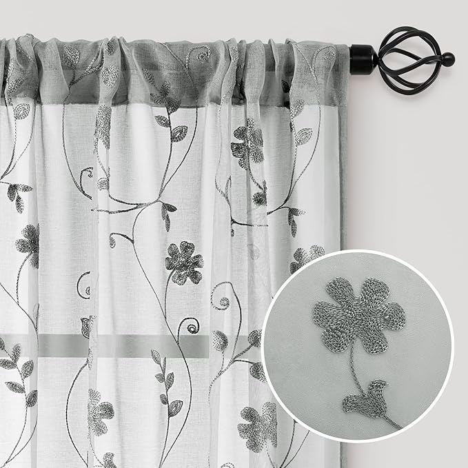 HOMEIDEAS Grey Sheer Curtains 96 Inches Long 2 Panels Embroidered Floral Pattern Semi Sheer Window Curtains for Bedroom Living Room
