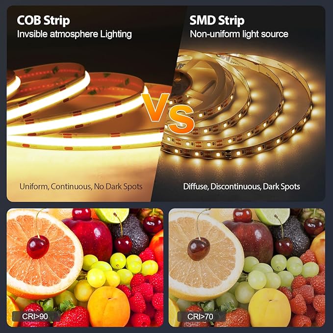 COB LED Strip Light Warm White to Cool 2700K-6500K, 16.4ft Bright White COB Light Strip with Remote & App, 24V UL Listed 3200LEDs COB Led Lights for Under Cabinet, Kitchen, Indoor Lighting