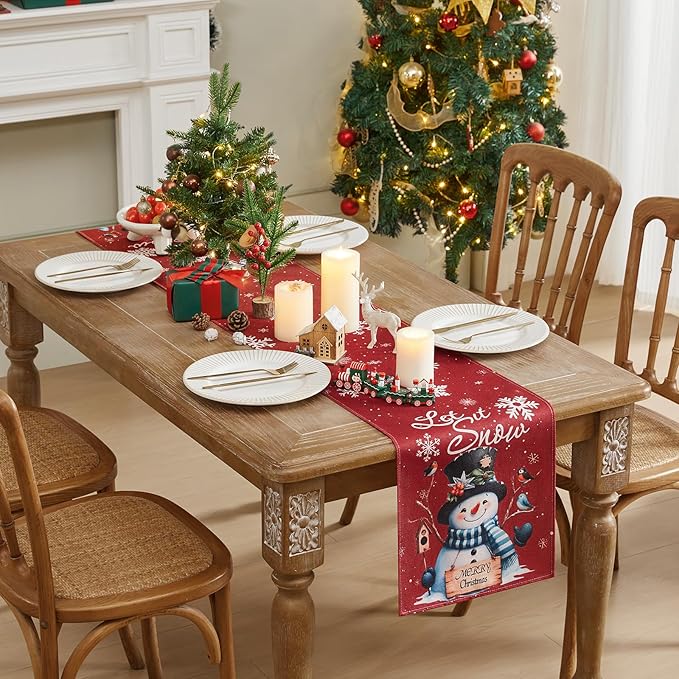 Christmas Table Runner - Red Snowman Snowflake Winter Holiday Decorative Farmhouse Table Decorations for Kitchen Dinning, Indoor Outdoor Dinner Party Decor 13x72 Inch