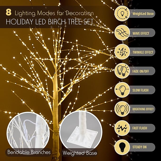 Baquler 1 Pack Lighted Birch Tree - Artificial LED Warm-White Light Birch Tree Decoration for Christmas Holiday Party Wedding Festival Decor, Indoor & Outdoor (9.2 ft)