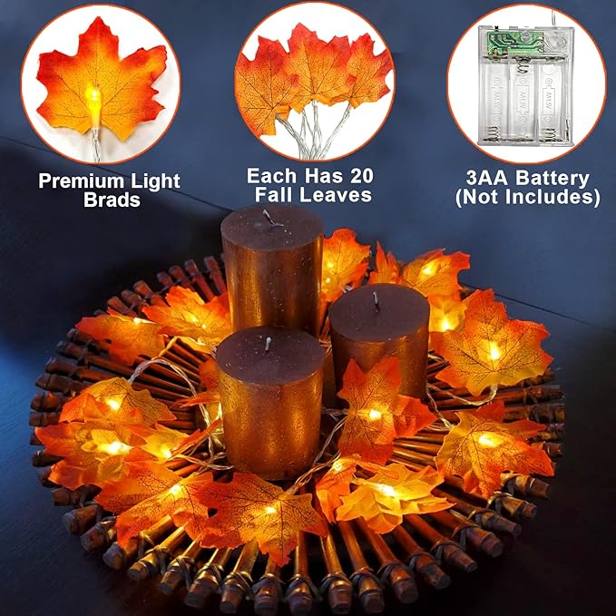 TURNMEON 2 Pack Fall Decor Enlarged Maples Leafed Lights Total 20Ft 40LED Thanksgiving Halloween Fall Decorations for Home,Battery Operated Autumn Garland Waterproof Indoor Outdoor Holiday Christmas