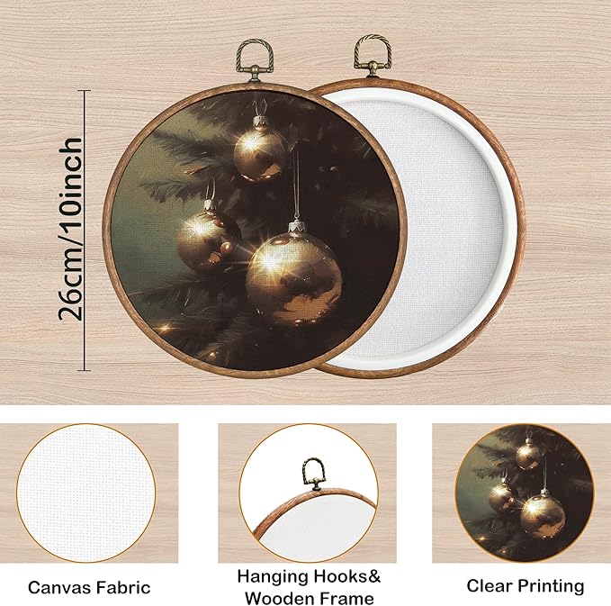 KSDUT Vintage Christmas Wall Decor Art - Vintage Christmas Ornaments Wall Art Canvas Frame Hanging Prints, Merry Xmas Holiday Round Wall Art Decor for Home Farmhouse Decorations 10"x10"