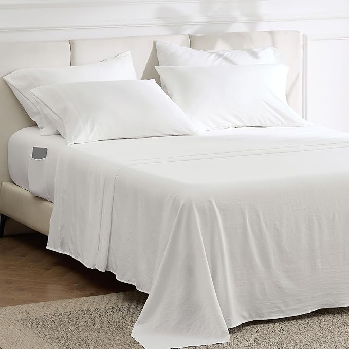 Bedsure Deep Pocket King Sheet Set - 6 Piece, Prewashed Ultra-Soft King Size Sheets Set, Fits Mattresses Up to 18 Inches Thick, Breathable & Secure Fit, Hotel Luxury Bedding, White