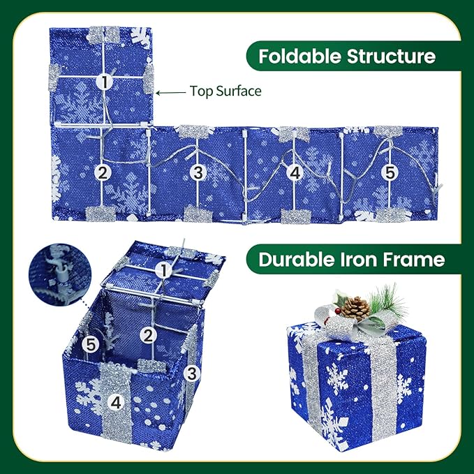 DomKom Set of 4 Christmas Lighted Gift Boxes, 70 Led Light Up Colorful Iron Frame Present Box with Pine Cones Bows for Xmas Tree Party Yard Holiday Indoor Outdoor Decoration