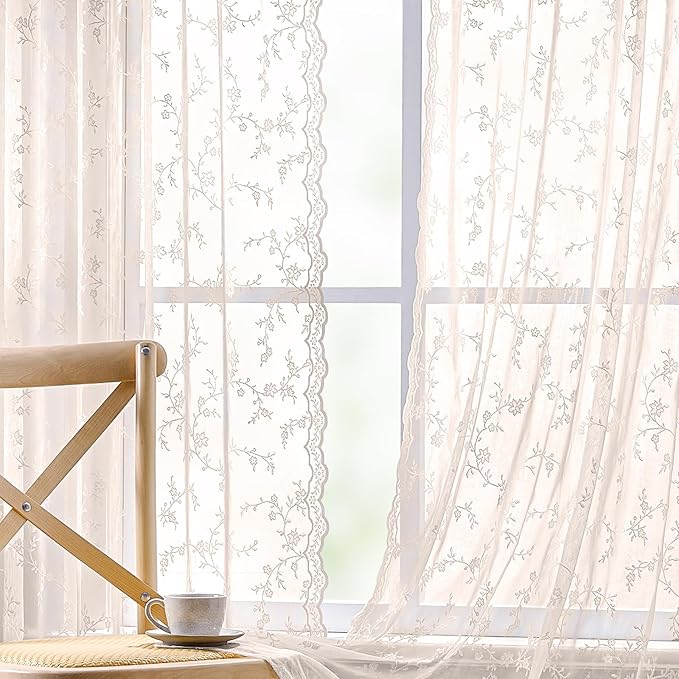 Sheer Lace Curtains 72 Inches Long, Vintage Floral Light Filtering Blush Pink Lace Curtains for Living Room & Bedroom, Rod Pocket, 2 Panels Set, Branch Pattern (Blush Pink, 52" W x 72" L)