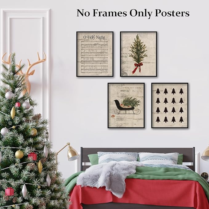 TFKFJLF Vintage Christmas O Holy Night Wall Art Poster Decor, Retro Christmas Tree Wall Art Decorations for Home Kitchen Bedroom Bathroom Living Room Office, Unframed 8x10in Set of 4