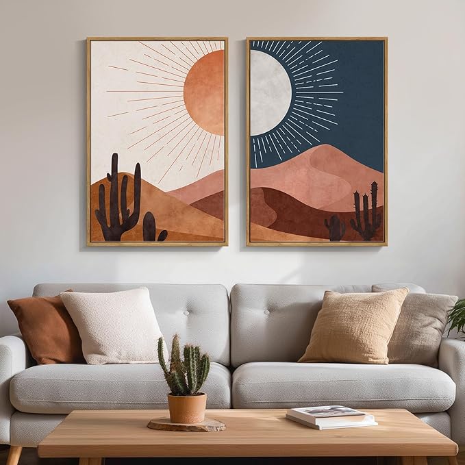 Framed Boho Desert Wall Art for Room Decor, Set of 2 Sun and Moon Cactus Landscape Artwork, Mid Century Modern Bohemian Paintings Prints for Living Room Bedroom Office Hallway Wall Decor, 20x30 Inch