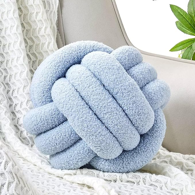 Uvvyui Knot Pillow Ball, Soft Home Decorative Pillows, Round Throw Pillow, Handmade Knotted Plush Pillow, Round Boucle Pillow Cushion (14 Inches Blue)