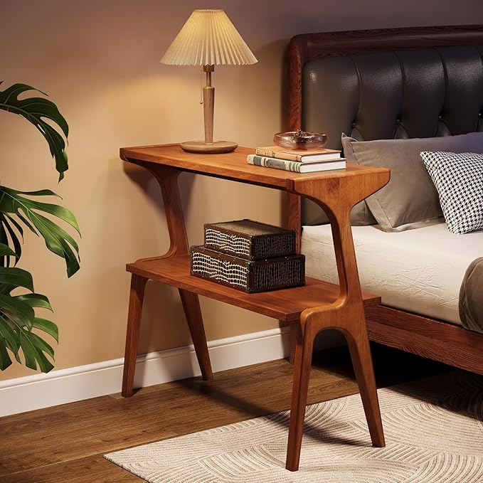 Tribesigns Set of 2 Narrow Side Table, 2-Tier Solid Wood End Table with Storage, Modern Couch Side Table for Living Room, Slim Bedside Table for Bedroom, Small Spaces, Walnut