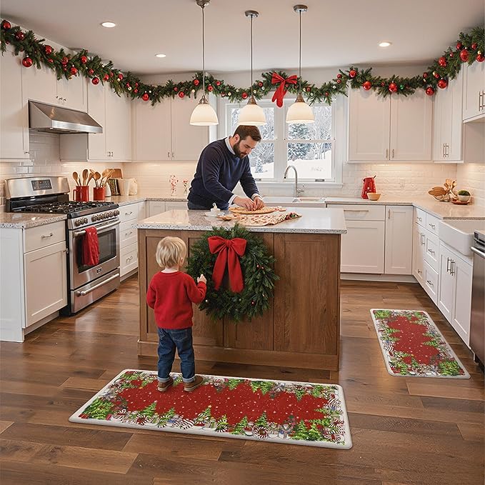 GENIMO Christmas Decorations - Kitchen Mats for Floor, 2PCS Christmas Kitchen Rugs, Cushioned Anti Fatigue Mat for Home Decor, Waterproof Non Slip Standing Mat for Laundry, 17.3"x47"+17.3"x30", Red