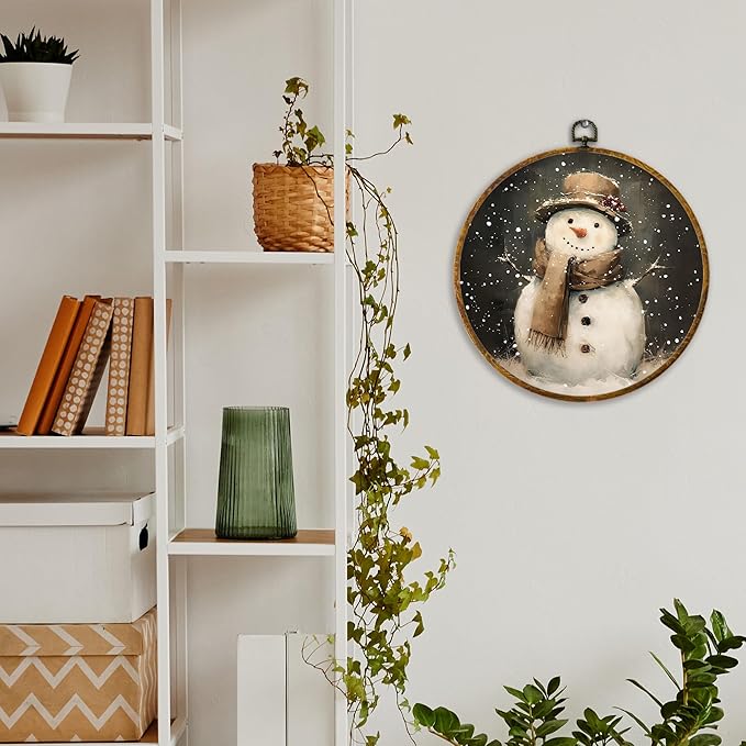 XPH Vintage Moody Christmas Snowman Round Wall Art Framed, Rustic Farmhouse Winter Circle Wall Decor, Cozy Winter Snowman Hanging Canvas Prints for Home Bedroom Living Room Decoration, 10x10 Inch