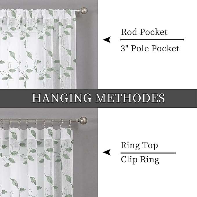 Tollpiz Sage Green Leaf Sheer Curtain Leaves Embroidered Living Room Short Curtains Rod Pocket Voile Window Treatment for Bedroom, 54 x 54 inches Long, Set of 2 Panels