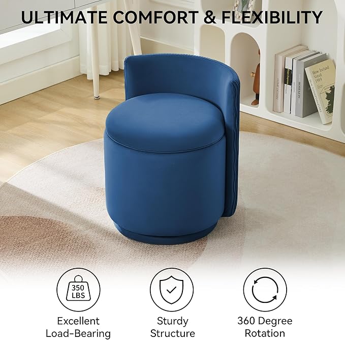 Velvet Vanity Chair with Storage, 360° Swivel Makeup Chair with Wave Back, No Assembly Small Accent Stool for Bedroom, Dressing, Living Room, Blue
