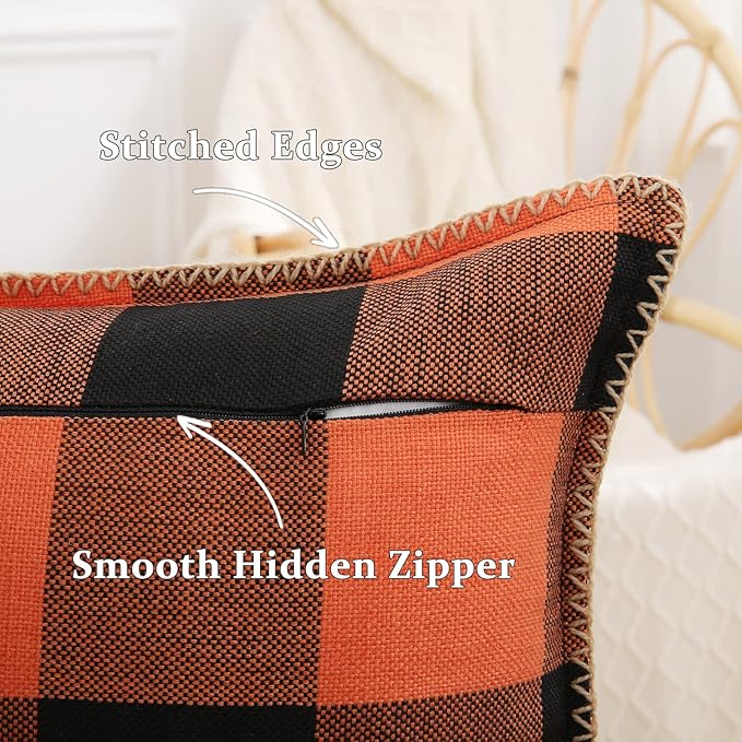 decorUhome Farmhouse Gingham Buffalo Plaid Check Throw Pillow Covers 22x22 Set of 2, Outdoor Fall Linen Decorative Pillow Covers with Stitched Edge for Bed Couch Sofa, Orange and Black