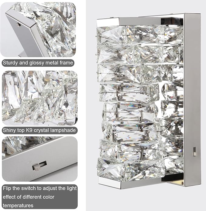 HuisMier Chrome Crystal Wall Sconces, Modern Dimmable LED Wall Light Fixtures with 3 Color Temperature, K9 Elegant Crystal Vanity Wall Lighting for Bathroom Bedroom Living Room Stairway Hallway
