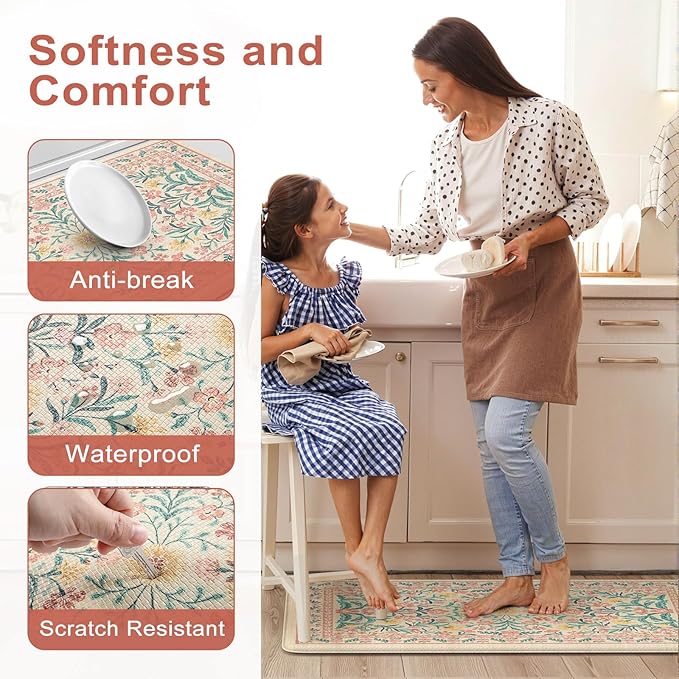 Collive Kitchen Mats for Floor, Cushioned Anti Fatigue Mat Non Skid Waterproof Kitchen Rugs Set of 2, Modern Floral Comfort Standing Rug for Home, Office, Sink, Laundry, 17"x29"+17"x47", Pink