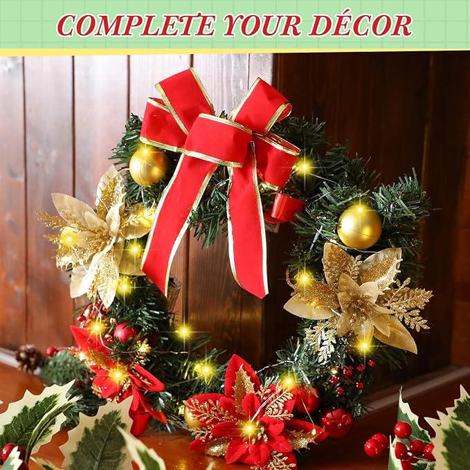 Lyrow 6 Pcs Lighted Christmas Wreath with Red Bow Ornament 13 Inch Prelit Xmas Battery Operated Christmas Wreaths for Front Door Outdoor Holiday Wall Indoor Xmas Decorations Party Decor(Classic)