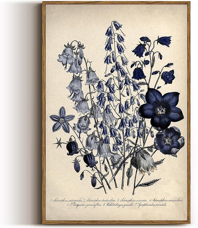 VIYYIEA Vintage Framed Botanical Wall Art Decor, Living Room Bedroom Blue Campanula Pictures Retro Wall Decor, Framed Canvas Prints Artwork, Farmhouse Flower Paintings,16x24 Inch
