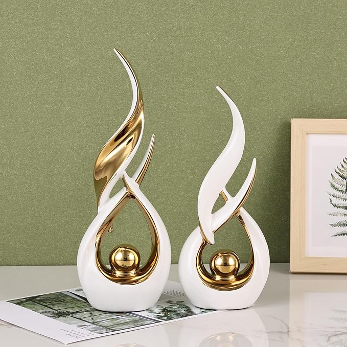 2 PCS White Gold Ceramic Statues For Home Decor Accents, Modern Abstract Art Sculptures, Elegant Tabletop Decorative Objects For Dining Room, Entryway, Tv Stand, Mantel, Coffee Table Centerpieces
