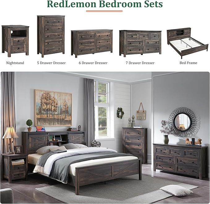 RedLemon Farmhouse Nightstand with Charging Station, Rustic 18 Inch End Table with 2 Storage Drawers and Open Shelf, Wood Sofa Side Table for Bedroom, Living Room (Dark Rustic Oak)