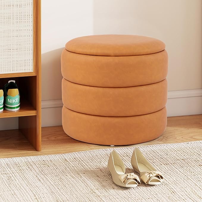 DAGONHIL Round Storage Ottoman PU Leather Footrest, Hidden Storage Ottoman Stool, Multi-Functional Coffee Table for Living Room, Bedroom, Entryway, Brown