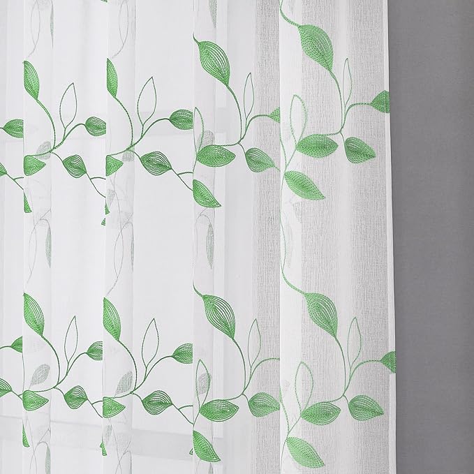 Tollpiz Green Leaf Sheer Curtain Leaves Embroidered Bedroom Curtains Rod Pocket Voile Window Treatment for Living Room, 54 x 95 inches Long, Set of 2 Panels