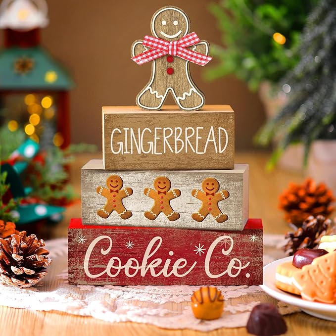 4 Pcs Christmas Table Decor Gingerbread Man Decoration Christmas Centerpiece Winter Tiered Tray Decor Rustic Gingerbread Block Signs Gift Winter Table Decoration for Xmas Party Kitchen Home