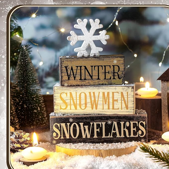 4 Pcs Christmas Table Decorations Wooden Snowflake Decor Winter Tiered Tray Decor Rustic Snow Block Signs Gift Farmhouse Christmas Centerpiece for Winter Wonderland Party Kitchen Shelf Home