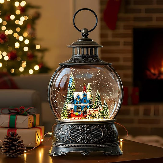 9.8" Christmas Snow Globe Water Lantern with Horse Drawn Carriage Town Scene Battery Operated or USB Powered Musical Lighted Holiday Decoration for Tabletop Display for Family and Friends