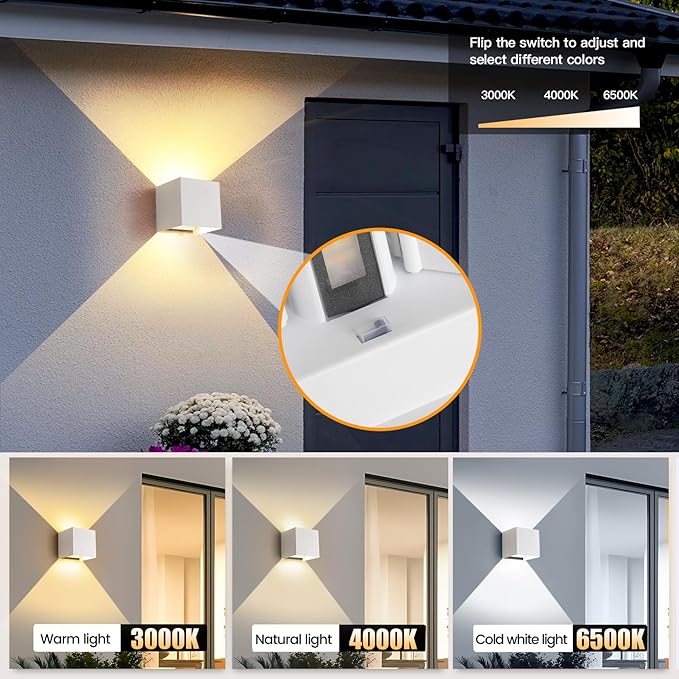 Outdoor Wall Sconces & Indoor Wall Light,Matte White Wall Sconces Set of Two,3-Color-Temperature Adjustable and Adjustable Beam,Waterproof & Rust-Resistant,4.72-Inch,20W Square Wall Lamp(2 Pack)