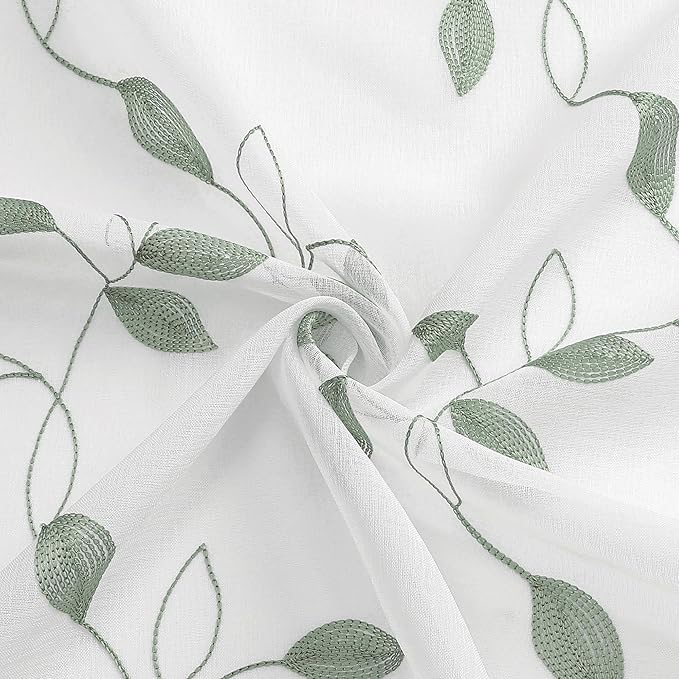 Tollpiz Sage Green Leaf Sheer Curtain Leaves Embroidered Living Room Short Curtains Rod Pocket Voile Window Treatment for Bedroom, 54 x 54 inches Long, Set of 2 Panels