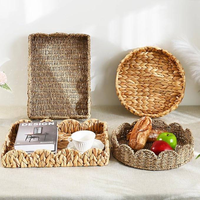 Livofloral Scalloped Edge Round Serving Tray, Handwoven Rattan Tray with Built-in Handles, Decorative Scalloped Basket Tray for Coffee Table, Water Hyacinth Wicker baskets for Ottoman