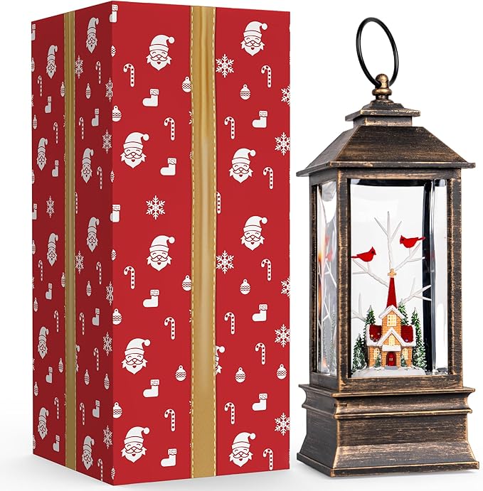Christmas Snow Globe Lantern Water Glittering Cardinal & Church with Music & Timer, USB Lined/Battery Operated Lighted Lantern for Christmas Festival Decoration Gifts