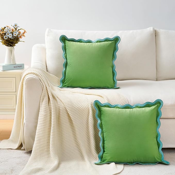 MONDAY MOOSE Decorative Throw Pillow Covers Cushion Cases, Set of 2 Soft Velvet Scalloped Wavy Edge Designs, Pillow Inserts Not Included (Light Blue/Light Green, 16x16 inch)