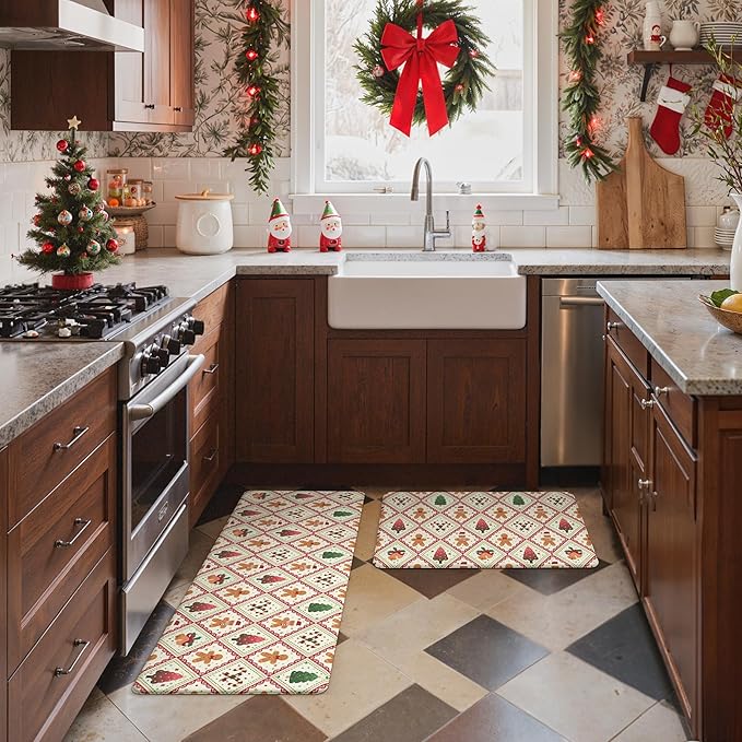 GENIMO Christmas Decorations - Kitchen Mats for Floor, 2PCS Christmas Kitchen Rugs, Cushioned Anti Fatigue Mat for Home Decor, Waterproof Non Slip Standing Mat for Laundry, 17.3"x47"+17.3"x30", Red