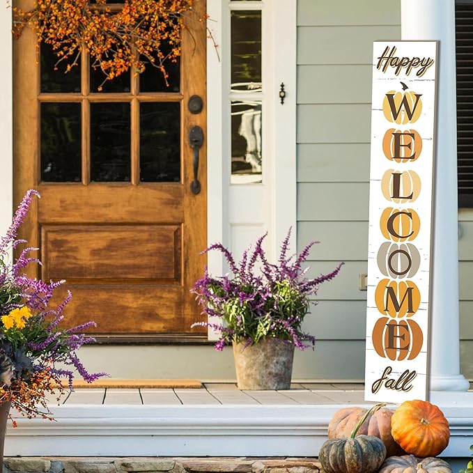 Fall Wooden Porch Sign 47" Autumn Pumpkin Front Door Welcome Sign Vertical Standing Sign For Garden Home Yard Farmhouse Thanksgiving Decor